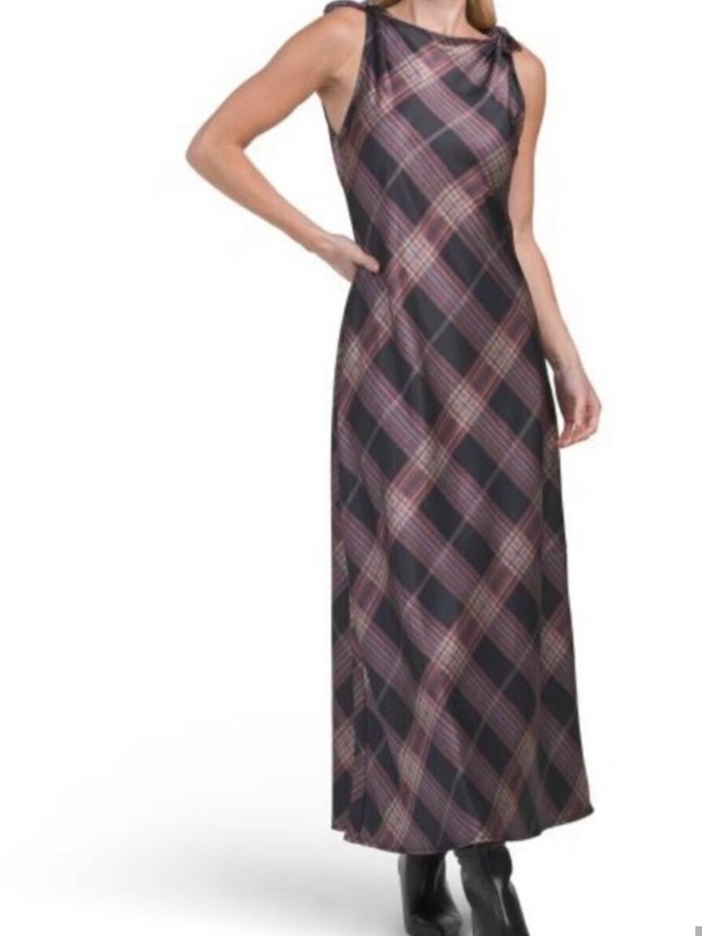 Camila Coelho Black and Pink Plaid Sleeveless Maxi Dress